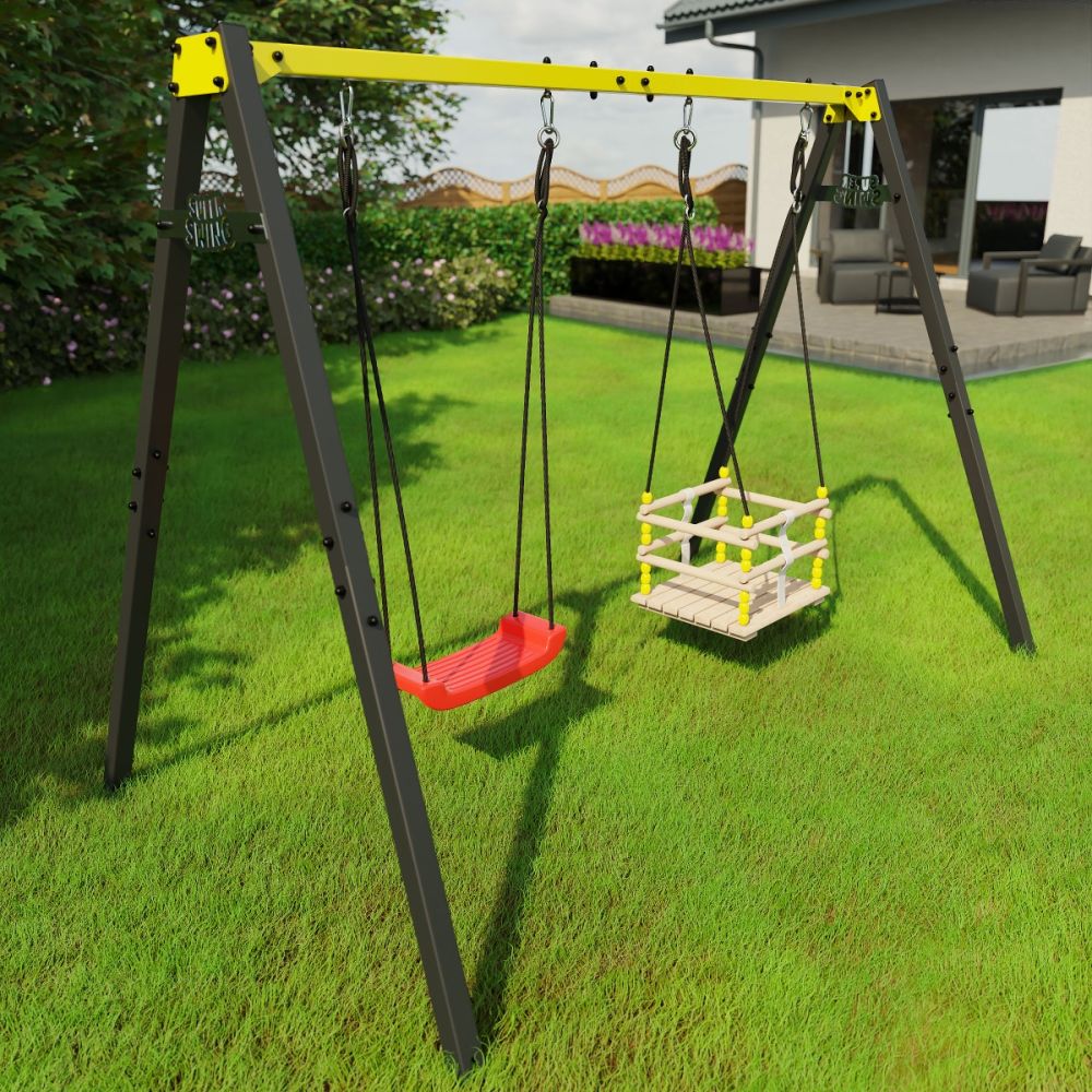 Garten-Doppelschaukelgestell in Schwarz und Gelb mit roter Brettschaukel und einer beigen Holz-Gitterschaukel auf Rasen.