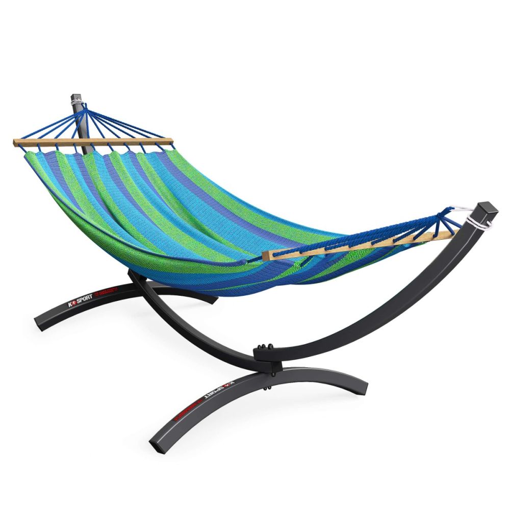 Amaca da esterno blu-verde con robusto supporto in metallo per giardino o terrazza.